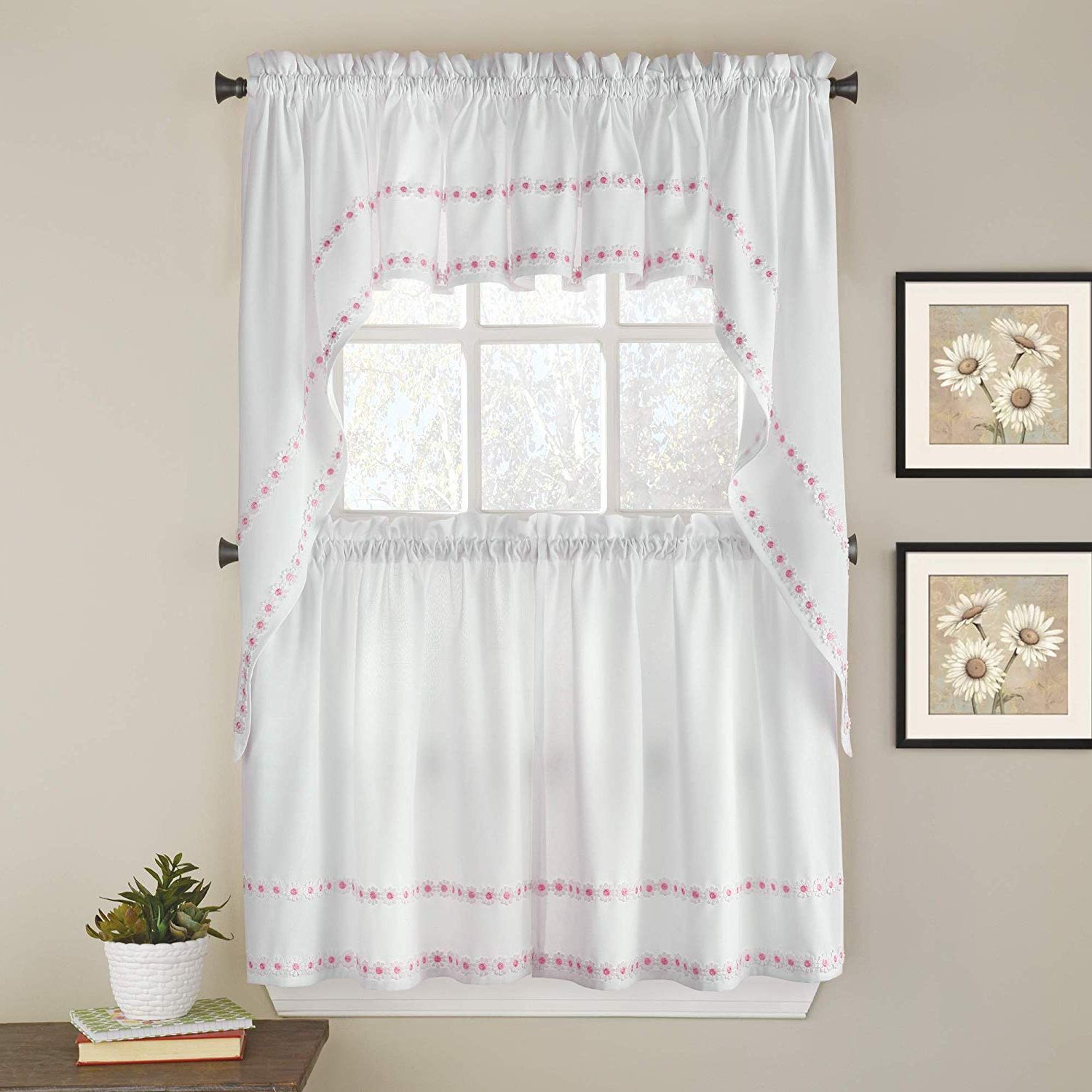 Abby Embroidered 5 Piece Curtain Tier And Swag Sets Inside Most Popular Sweet Home Collection Kitchen Window Curtain 5 Piece Set With Valance,  Swag, And Choice Of 24" Or 36" Tier Pair Daisy Mae Pink (View 8 of 20)