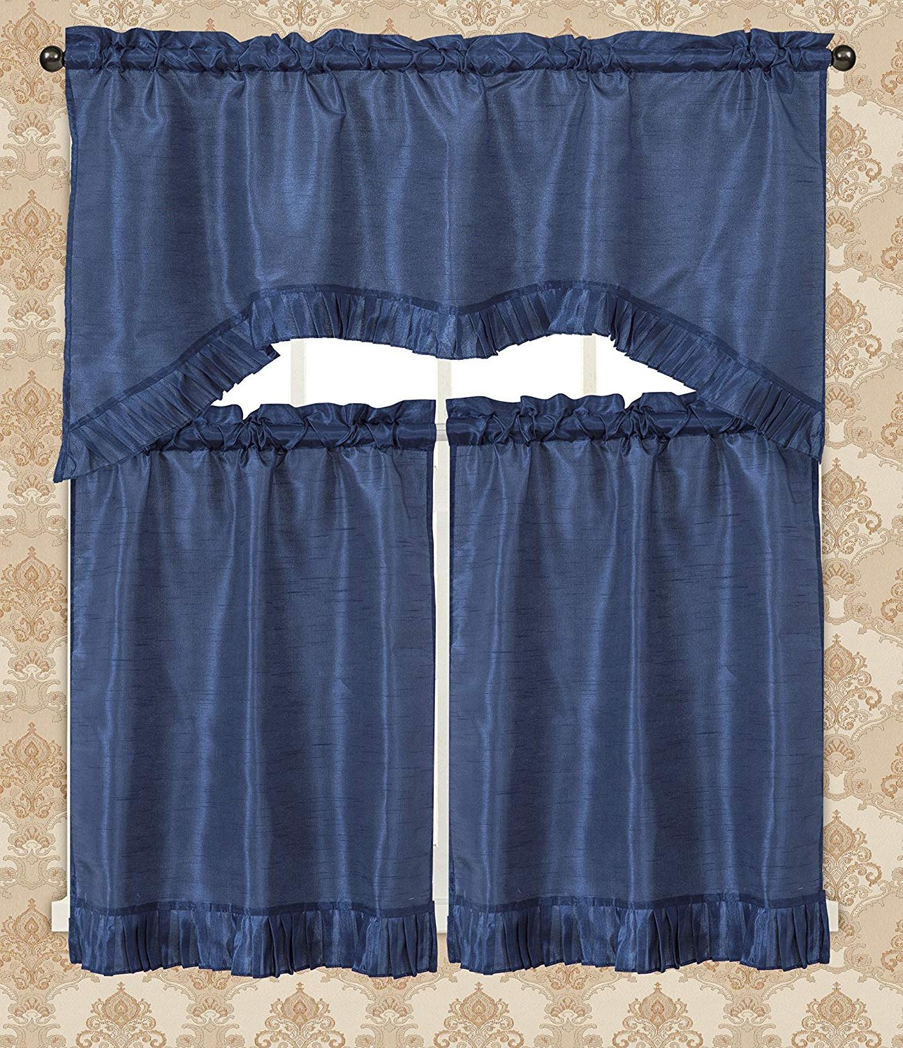 Bermuda Ruffle Kitchen Curtain Tier Sets Throughout Most Current Rt Designers Collection Bermuda Ruffle Kitchen Window Curtain Navy (View 3 of 20)