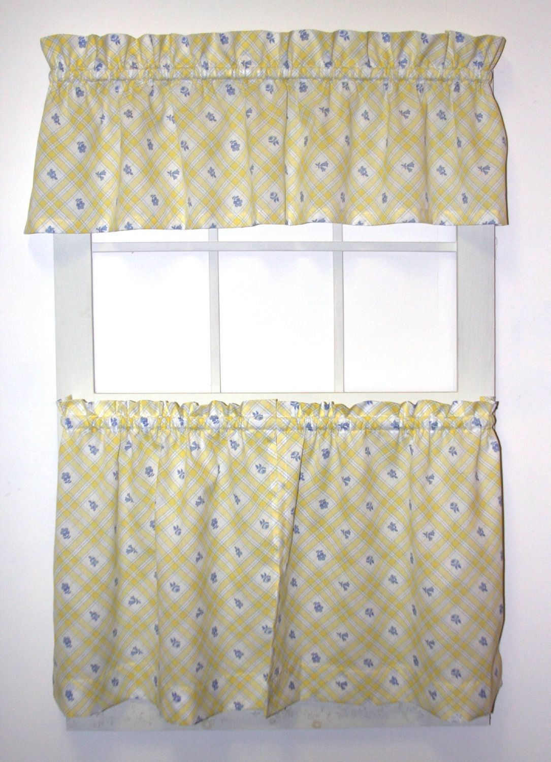 Best And Newest Ellis Curtain Kimberly Floral Plaid Print 24 Inch Long Tailored Tiers &  Valance Set Regarding Tree Branch Valance And Tiers Sets (View 13 of 20)