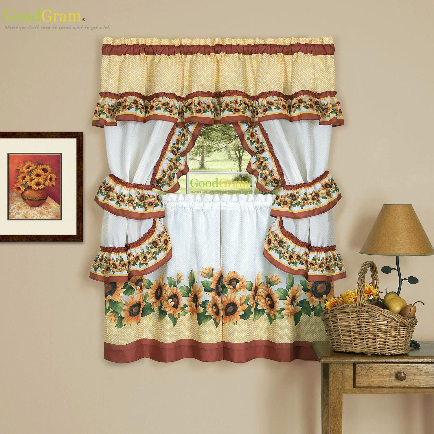 Chevron Sunflower Complete Cottage Kitchen Curtain Set Pertaining To Latest Lemon Drop Tier And Valance Window Curtain Sets (View 19 of 20)
