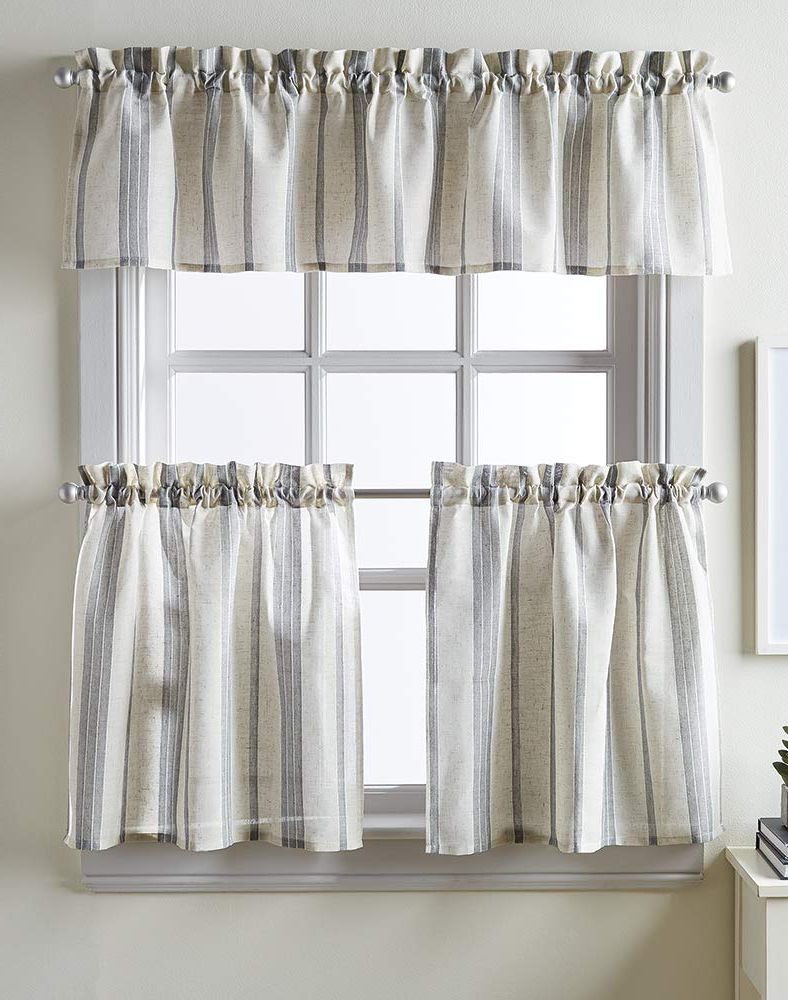 Chf Mckenzie Striped Window Kitchen Curtain Tier Pair, Rod Pocket, 28w X  36l Inch, Grey For Widely Used Linen Stripe Rod Pocket Sheer Kitchen Tier Sets (View 4 of 20)