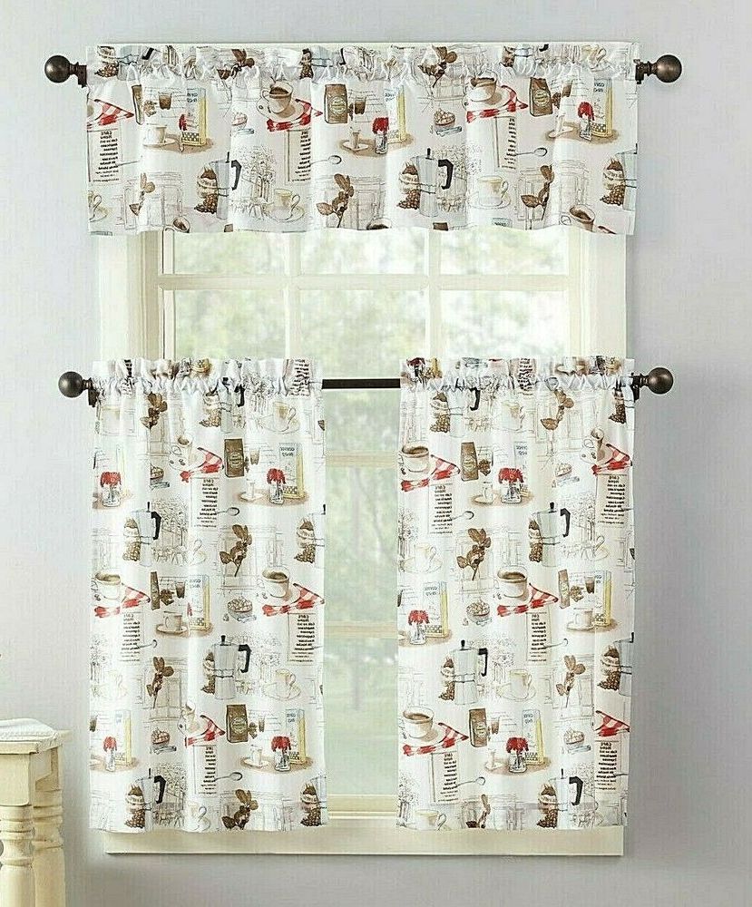 Coffee Shop Tier And Valance Curtain Set 3 Piece White Brown Microfiber  Kitchen (View 14 of 20)