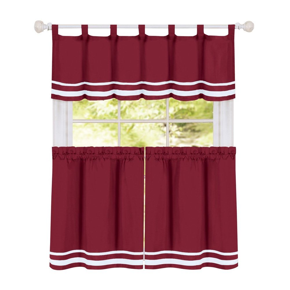 Collections Etc Dakota Stripe Café Kitchen Curtain Tier Set With Tabbed  Valance Topper, Burgundy, 57" X 24" Within Most Current Dakota Window Curtain Tier Pair And Valance Sets (View 8 of 20)