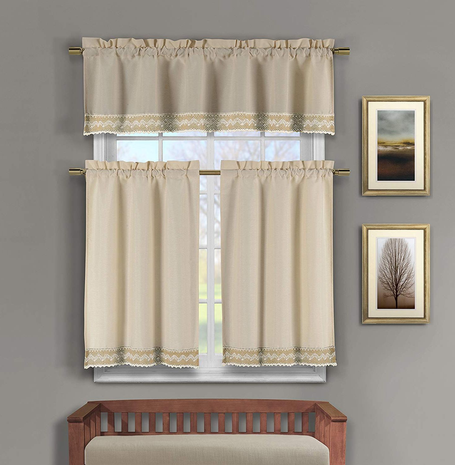Cotton Lace 5 Piece Window Tier And Swag Sets Throughout Best And Newest Home Maison Zoet Cotton Lace Kitchen 3 Piece Window Curtain Tier & Valance  Set, 2 29 X 36 & One 58 X 15, Linen Taupe (View 1 of 20)