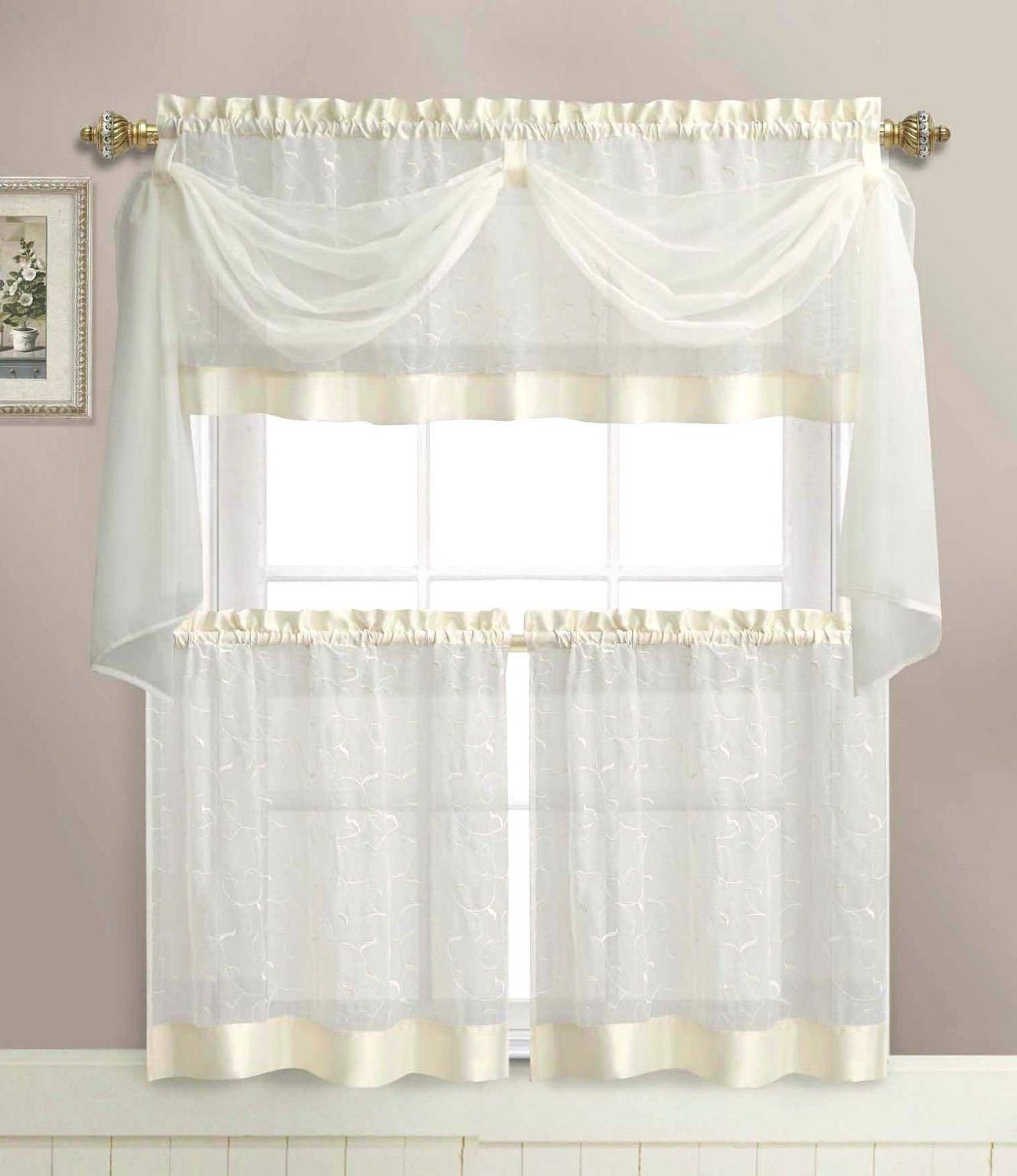 Current Linen Leaf Embroidered Sheer Kitchen Curtain Tall Kitchen Regarding Floral Embroidered Sheer Kitchen Curtain Tiers, Swags And Valances (View 17 of 20)