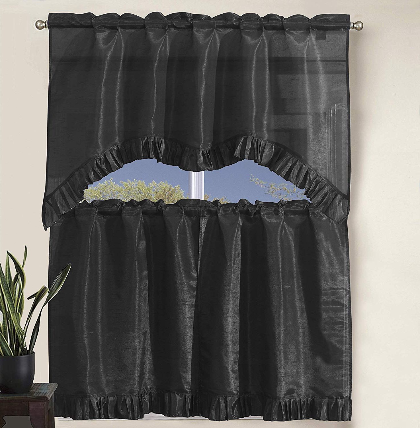 Decotex 3 Piece Pleated Ruffles Faux Silk Solid Kitchen Window Treatment  Curtain Set With Tiers And Valance (36" Tiers With Swag Valance, Chocolate) Within Most Current Faux Silk 3 Piece Kitchen Curtain Sets (View 17 of 20)