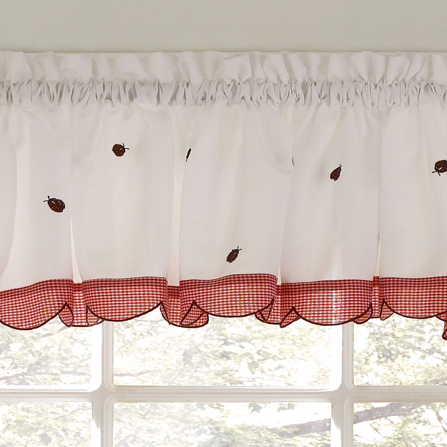 Embroidered Ladybug Meadow Kitchen Curtains 12" X 56" Valance Inside Fashionable Embroidered Ladybugs Window Curtain Pieces (View 4 of 20)