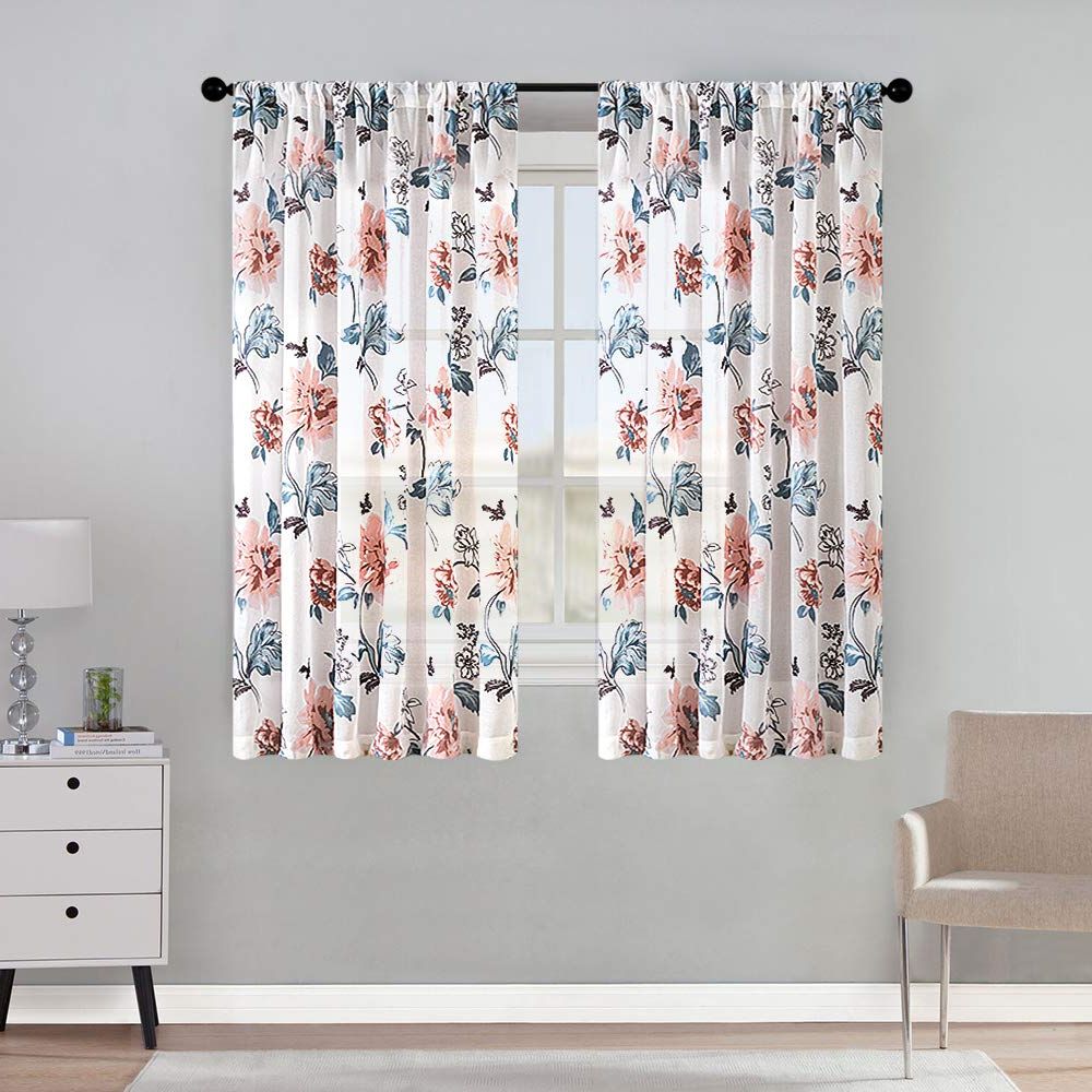 Floral Watercolor Semi Sheer Rod Pocket Kitchen Curtain Valance And Tiers Sets Within 2021 Mrtrees Short Sheer Curtains Flower Leaf Printed Kitchen Window Curtain  Sheers 45 Inches Long Basement Peach Red Floral Print Voile Curtain Panels  Rod (View 4 of 20)