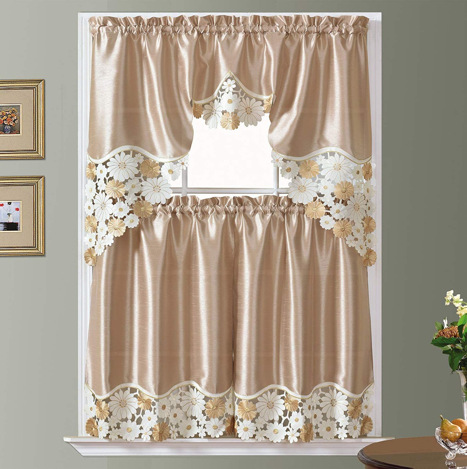 Gohd Golden Ocean Home Decor Spring Vigor Kitchen Curtain Set/swag Valance  & Tier Set. Nice Matching Color Daisy Embroidery On Border With Cutworks Intended For Well Known Spring Daisy Tiered Curtain 3 Piece Sets (Photo 7 of 20)