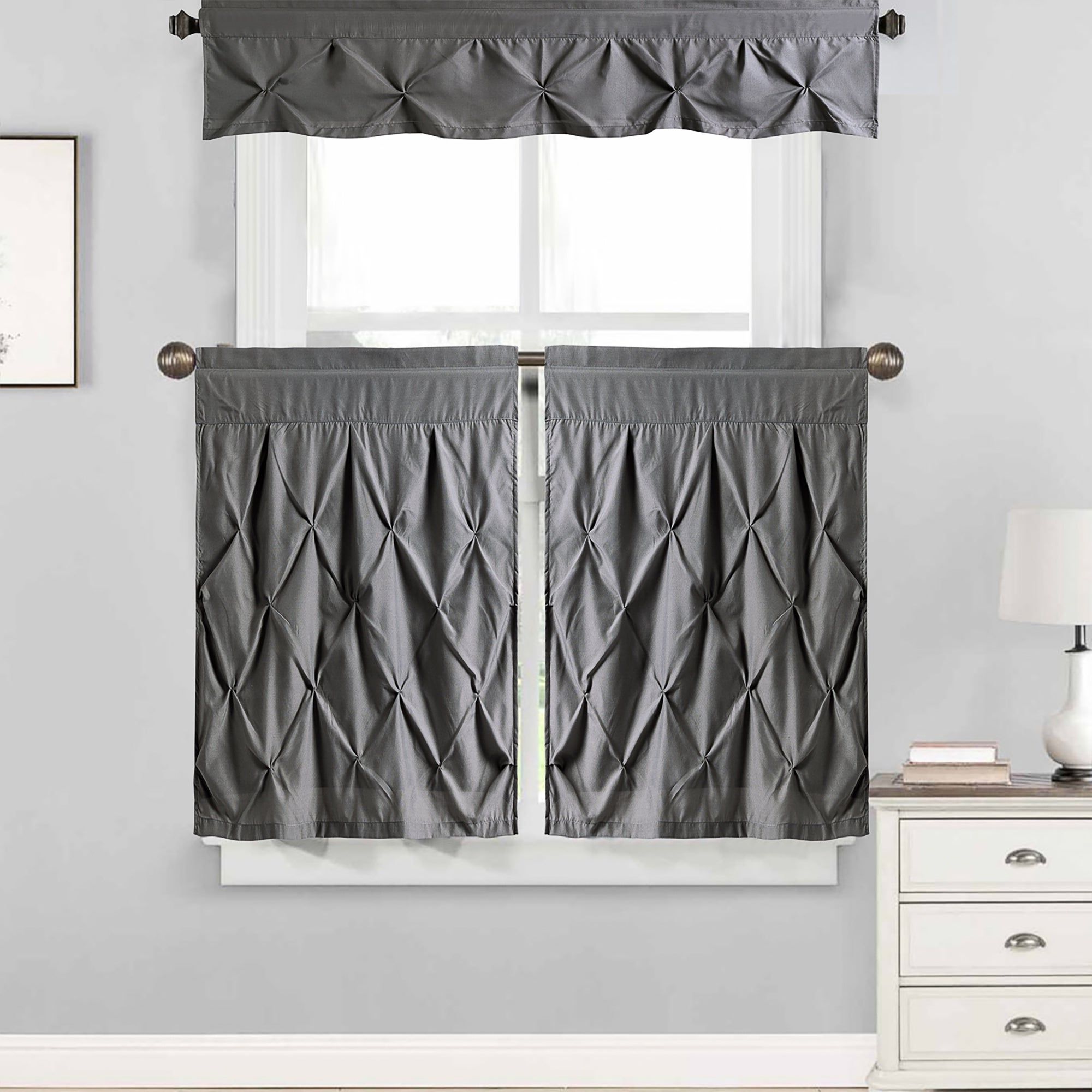 Grey Window Curtain Tier And Valance Sets Throughout Famous Hudson Pintuck Window Curtain Tier And Valance Set (24"l Or 36"l) Grey (View 2 of 20)