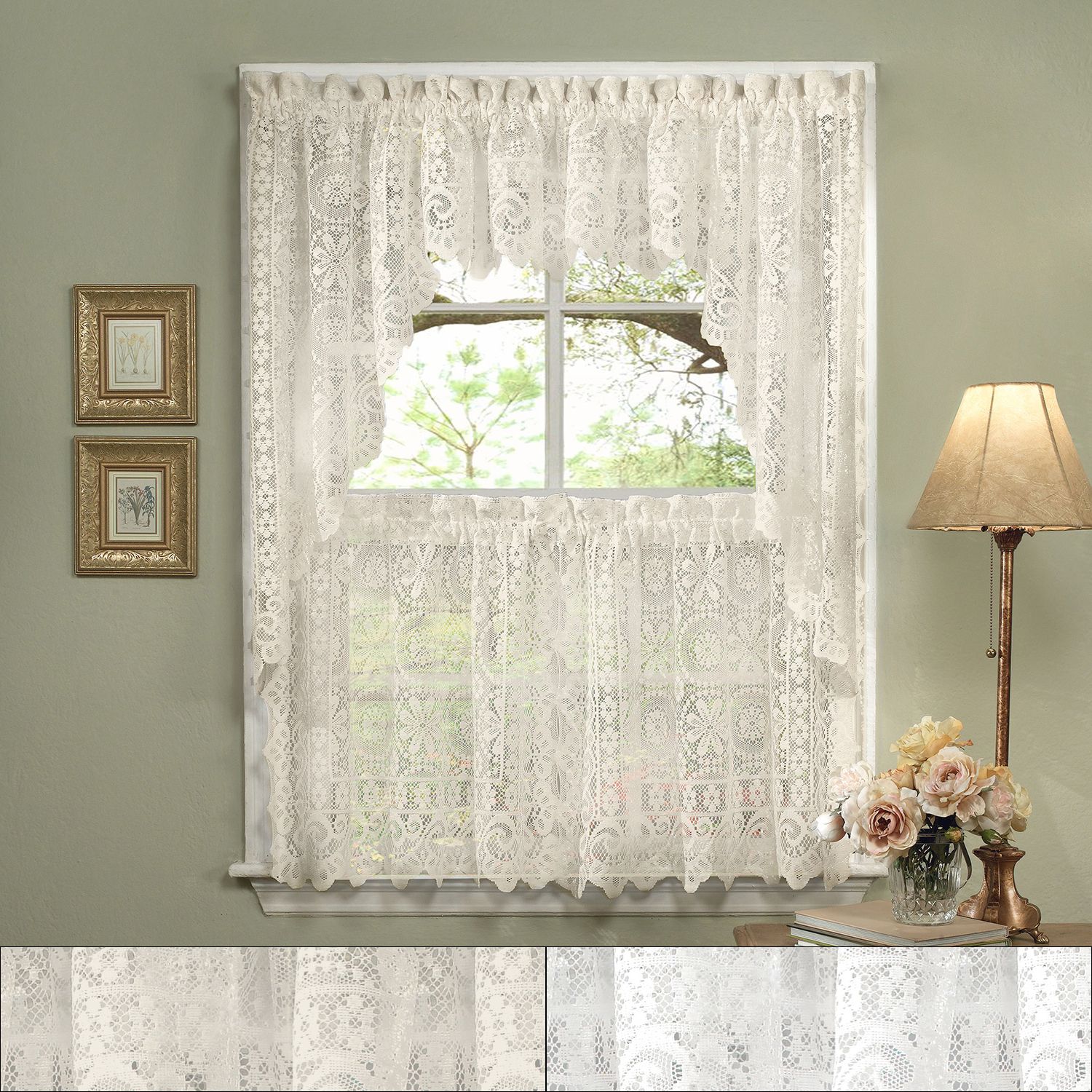 Most Current Cotton Blend Ivy Floral Tier Curtain And Swag Sets With Details About Hopewell Heavy Lace Floral Kitchen Curtain 24" Tier Pair,  Valance & Swag Set (View 18 of 20)