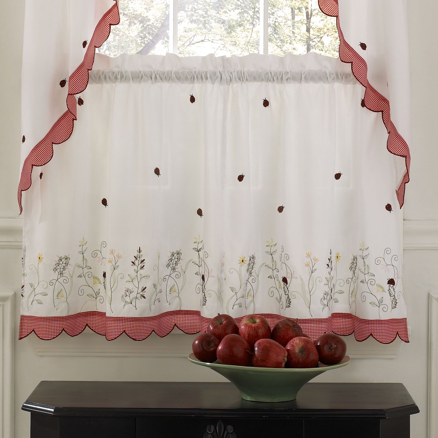 Most Current Details About 36" Tier, Swag & Valance Set Embroidered Ladybug Meadow  Kitchen Curtains For Embroidered Ladybugs Window Curtain Pieces (View 1 of 20)