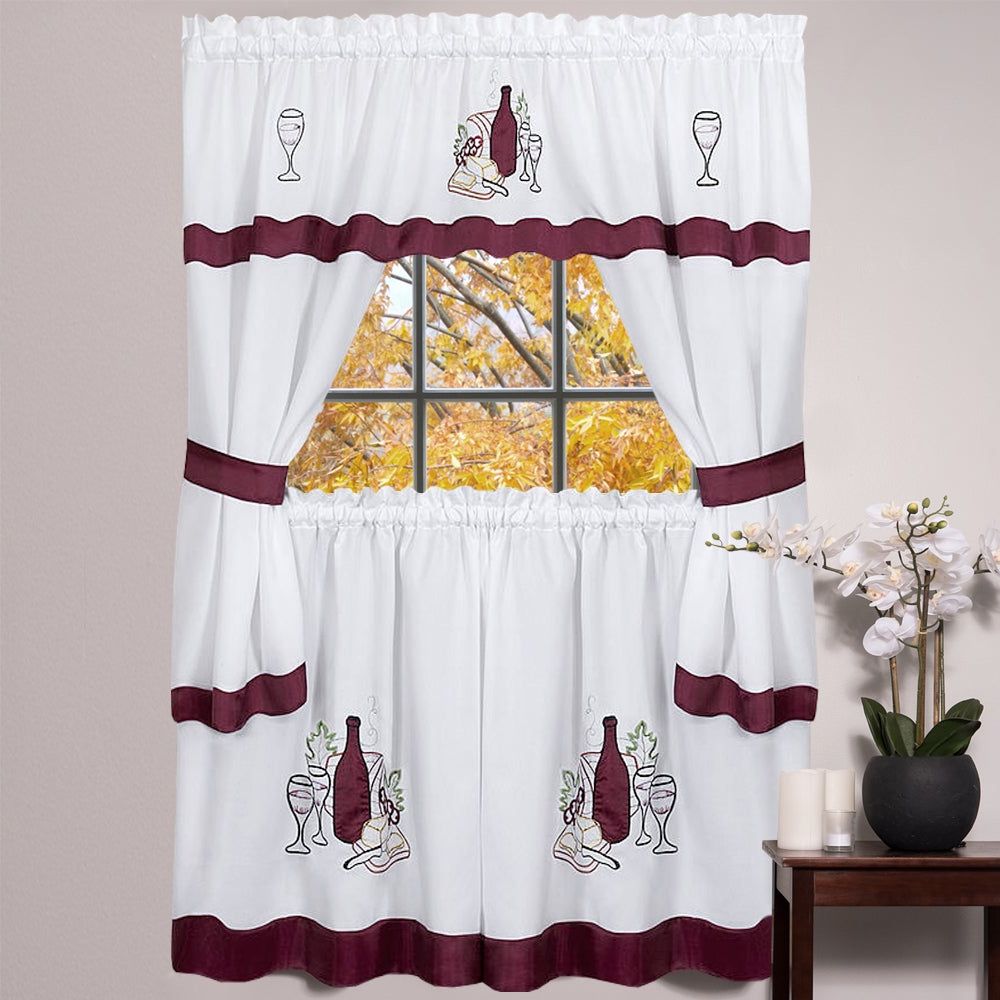 Most Current Grace Cinnabar 5 Piece Curtain Tier And Swag Sets In 5 Piece Burgundy Embroidered Cabernet Kitchen Curtain Set (24 Inches Or 36  Inches) (View 19 of 20)