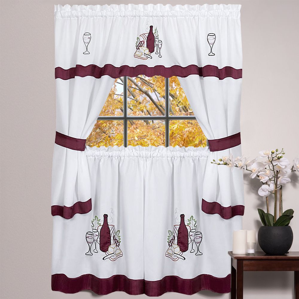 Most Popular Kitchen Burgundy/white Curtain Sets Pertaining To Details About Kitchen Window Curtain Cottage 5 Piece Set Embroidered  Cabernet 24" Or 36" (View 7 of 20)