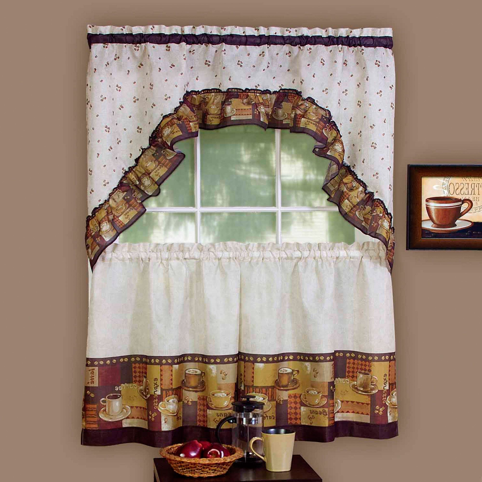 Most Recent Apple Orchard Printed Kitchen Tier Sets Pertaining To Achim Kitchen Curtain And Swag Set, Coffee – Walmart (View 3 of 20)