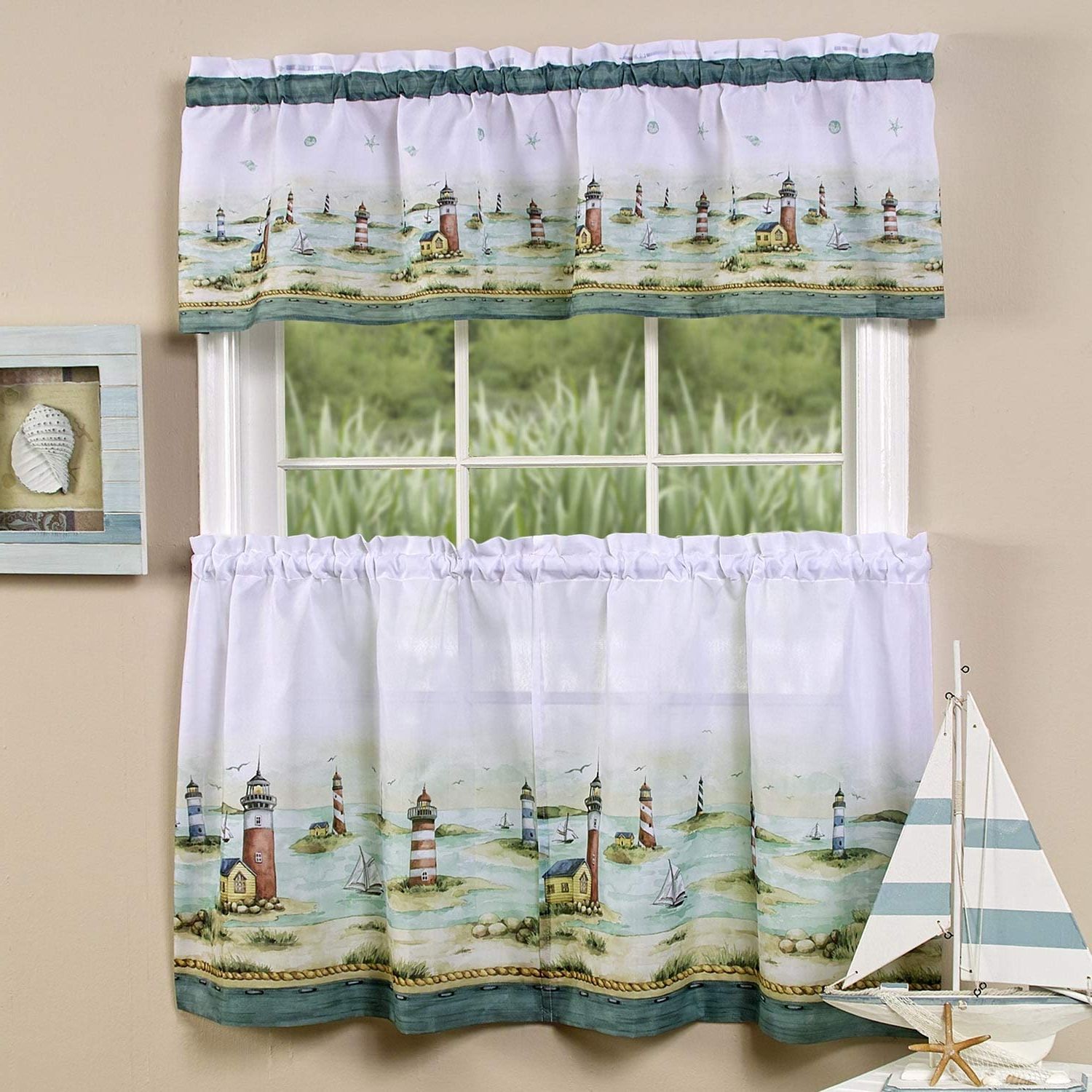 Most Recent Traditional Two Piece Tailored Tier And Valance Window Curtains With Bed Bath N More Traditional Two Piece Tailored Tier And Valance Window  Curtains Set With Detailed Lighthouse Print – 36 Inch (View 1 of 20)