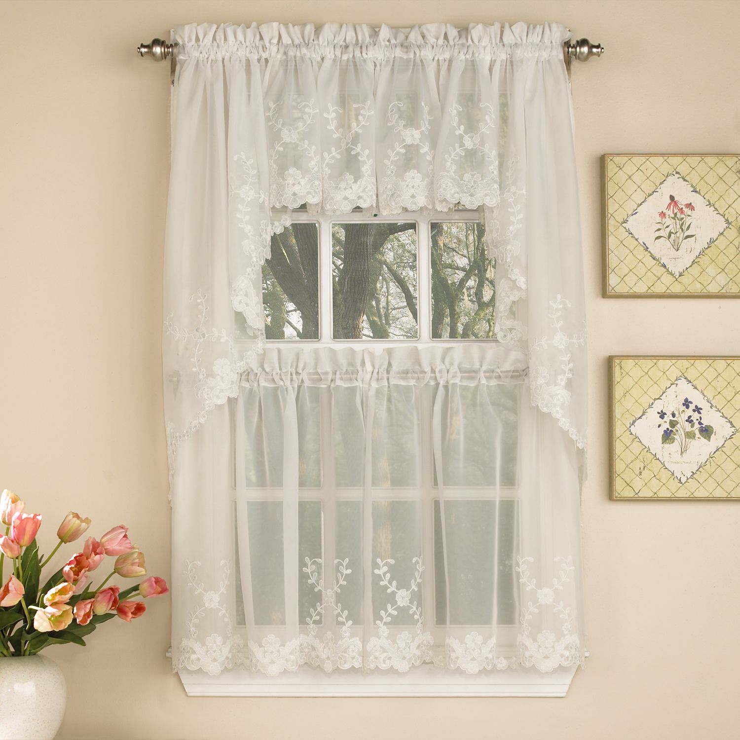 Most Recently Released Kitchen Curtain Tiers Pertaining To Details About Laurel Leaf Sheer Voile Embroidered Ivory Kitchen Curtains  Tier, Valance Or Swag (View 2 of 20)