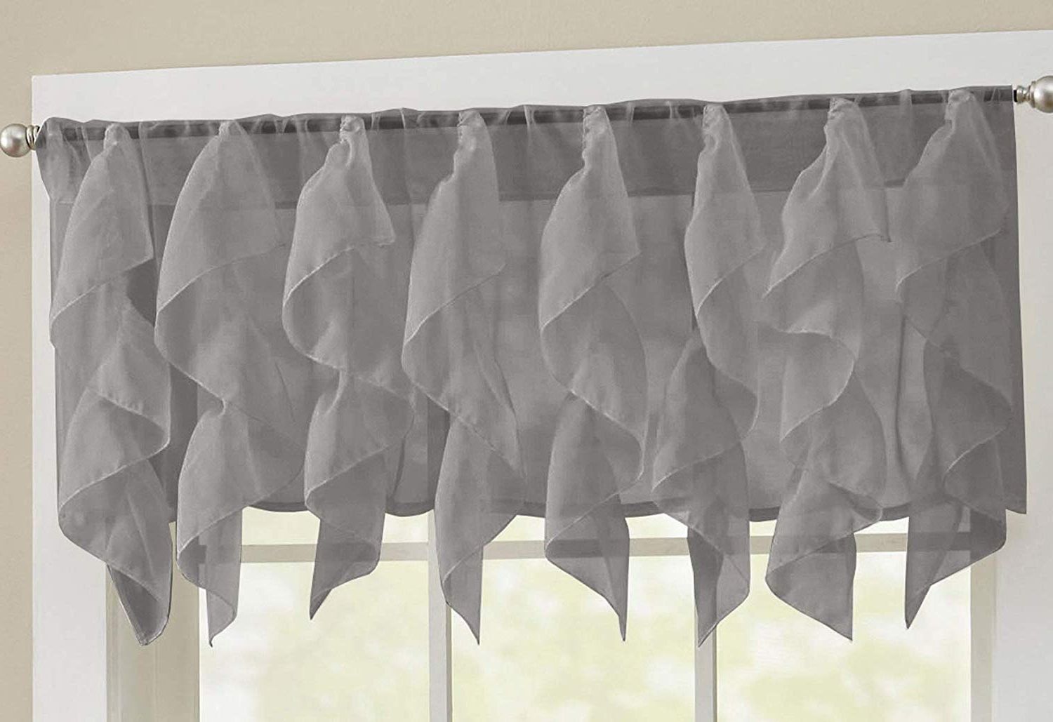 Navy Vertical Ruffled Waterfall Valance And Curtain Tiers Intended For Popular Sweet Home Collection Veritcal Kitchen Curtain Sheer Cascading Ruffle  Waterfall Window Treatment Choice Of Valance, 24" Or 36" Teir, And Kit, Gray (View 15 of 20)