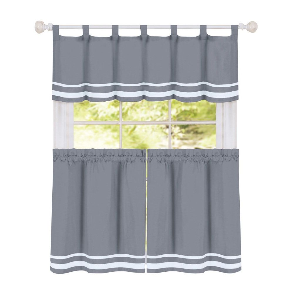 Newest Collections Etc Dakota Stripe Café Kitchen Curtain Tier Set With Tabbed  Valance Topper, Grey, 57" X 36" Intended For Dakota Window Curtain Tier Pair And Valance Sets (View 6 of 20)