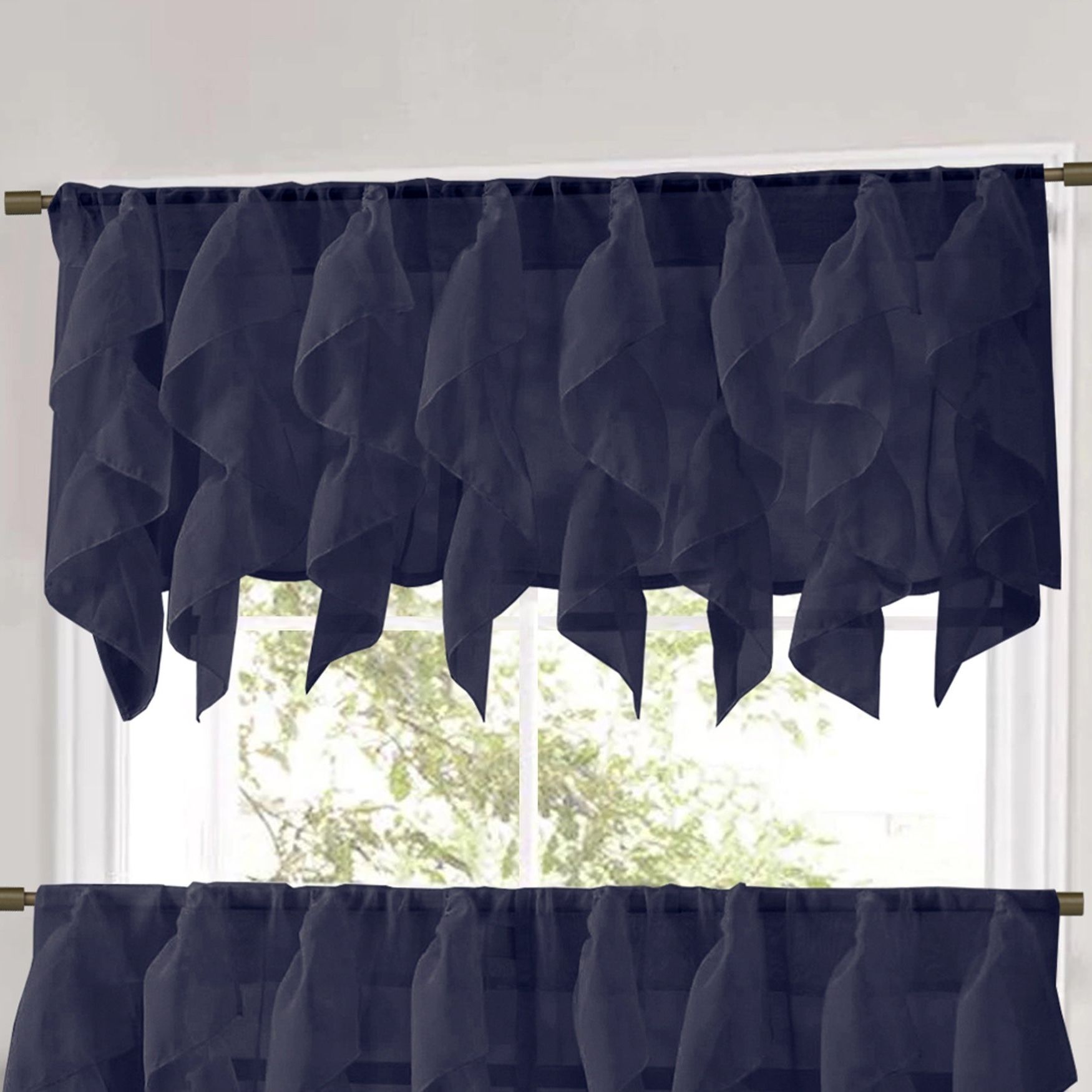 Preferred Sweet Home Collection Navy Vertical Ruffled Waterfall Valance And Curtain  Tiers For Navy Vertical Ruffled Waterfall Valance And Curtain Tiers (View 2 of 20)