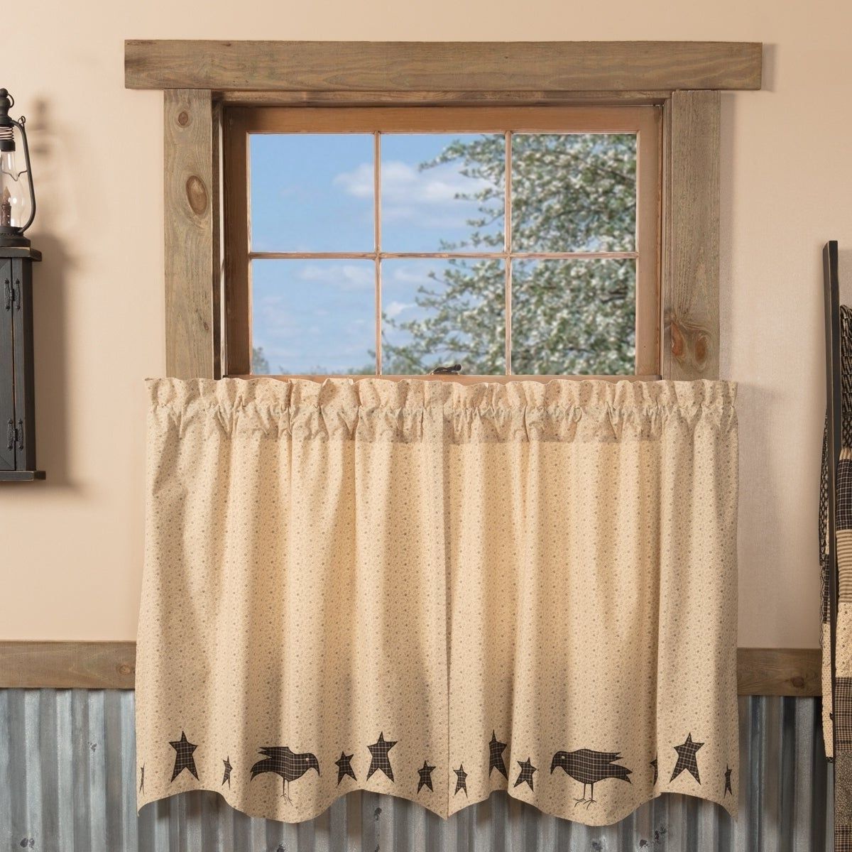 Preferred Tan Primitive Kitchen Curtains Vhc Kettle Grove Crow And Star Tier Pair Rod  Pocket Cotton Star Appliqued Pertaining To Traditional Tailored Tier And Swag Window Curtains Sets With Ornate Flower Garden Print (View 16 of 20)