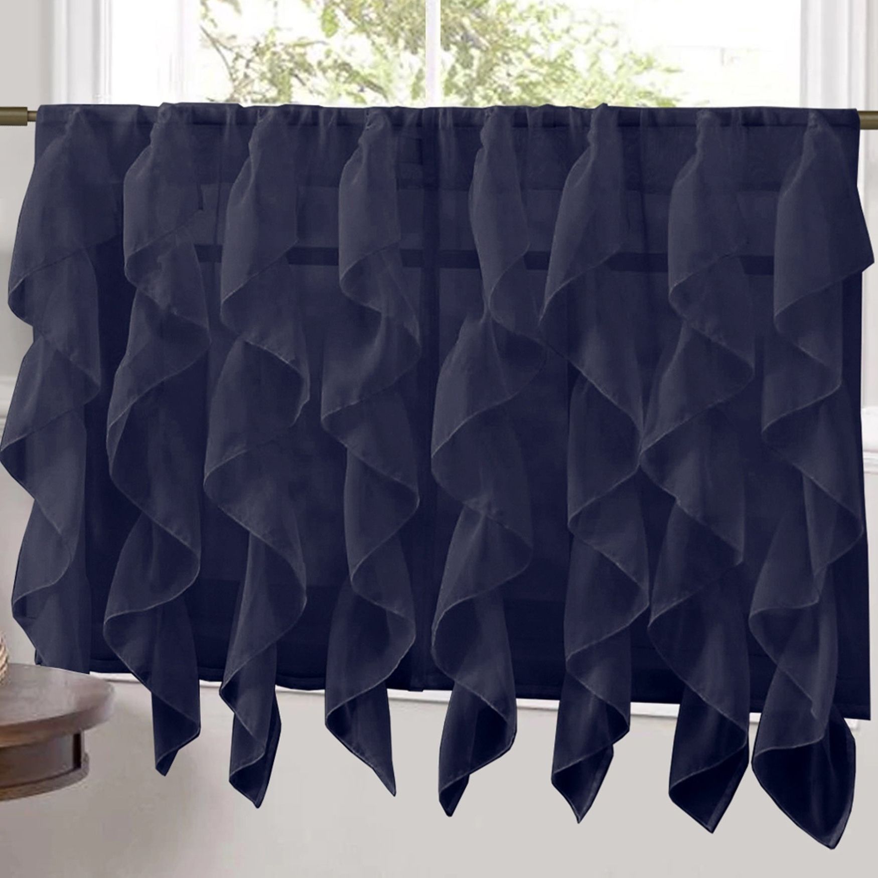 Recent Sweet Home Collection Navy Vertical Ruffled Waterfall Valance And Curtain  Tiers Intended For Navy Vertical Ruffled Waterfall Valance And Curtain Tiers (View 6 of 20)