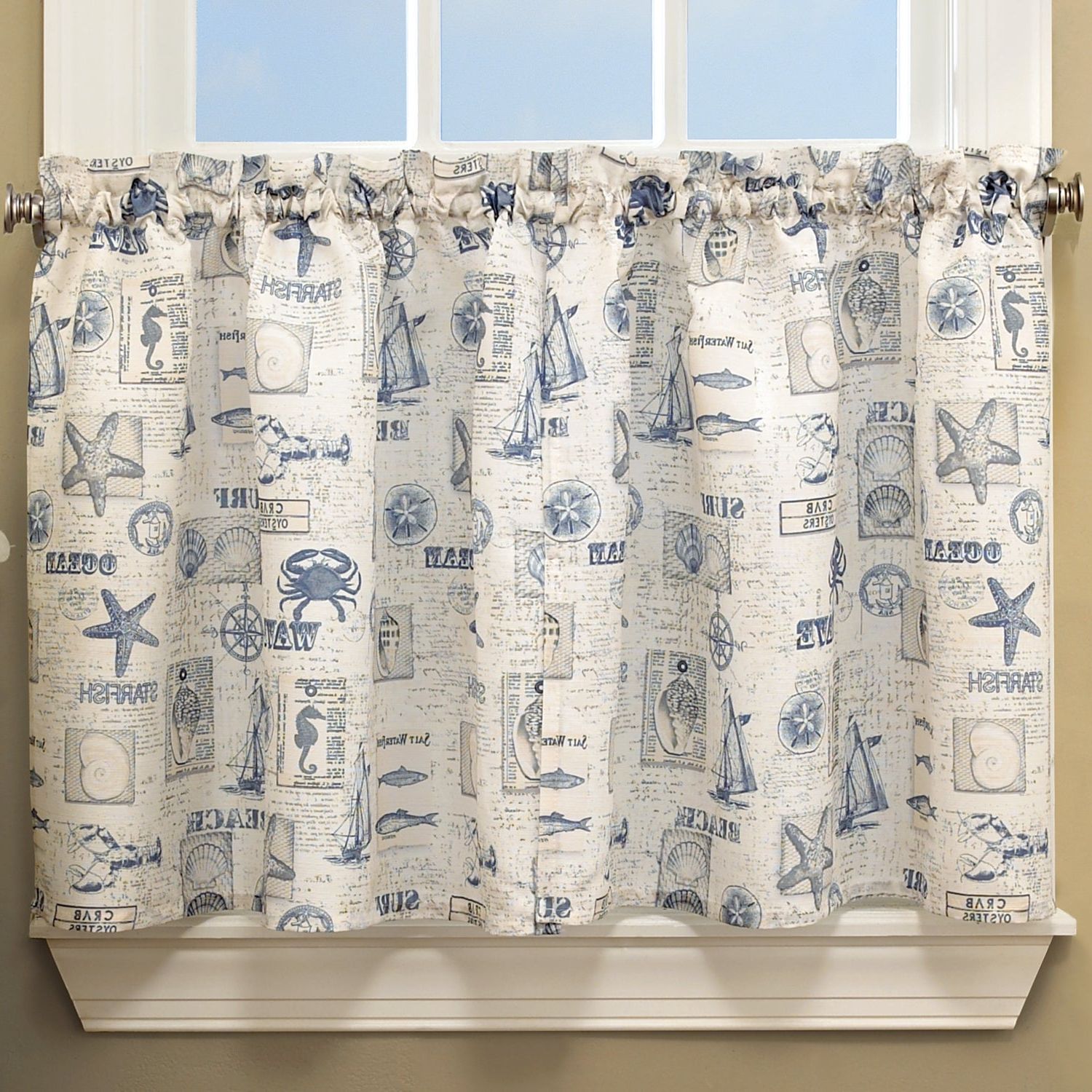 Seabreeze 36 Inch Tier Pairs In Ocean Regarding Fashionable Vintage Sea Shore All Over Printed Window Curtain Separates (View 14 of 20)