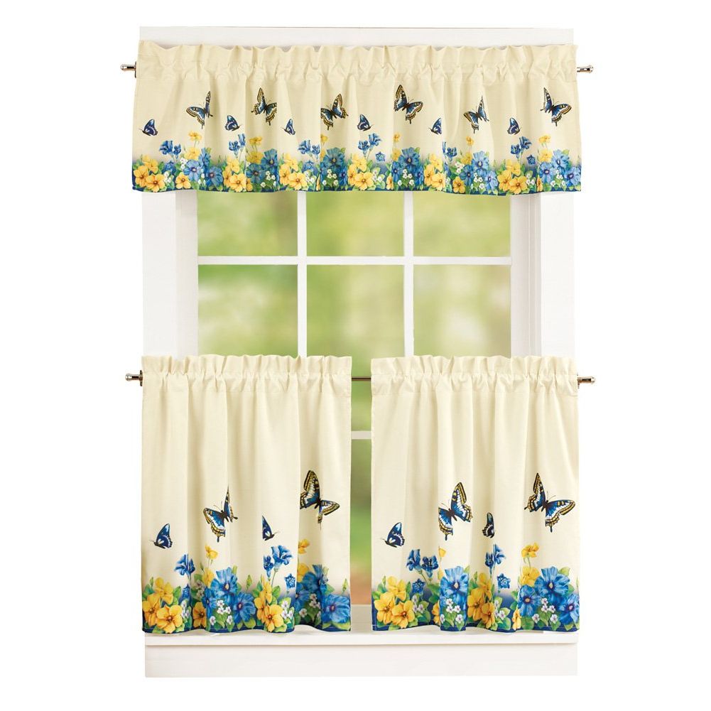 Spring Daisy Tiered Curtain 3 Piece Sets Within Recent Collections Etc Vintage Spring Butterfly & Flowers 3 Piece 2 Tier Kitchen  Café Curtain Set – Rod Pocket Top, Blue And Yellow, Blue, 36" L Tiers (Photo 3 of 20)