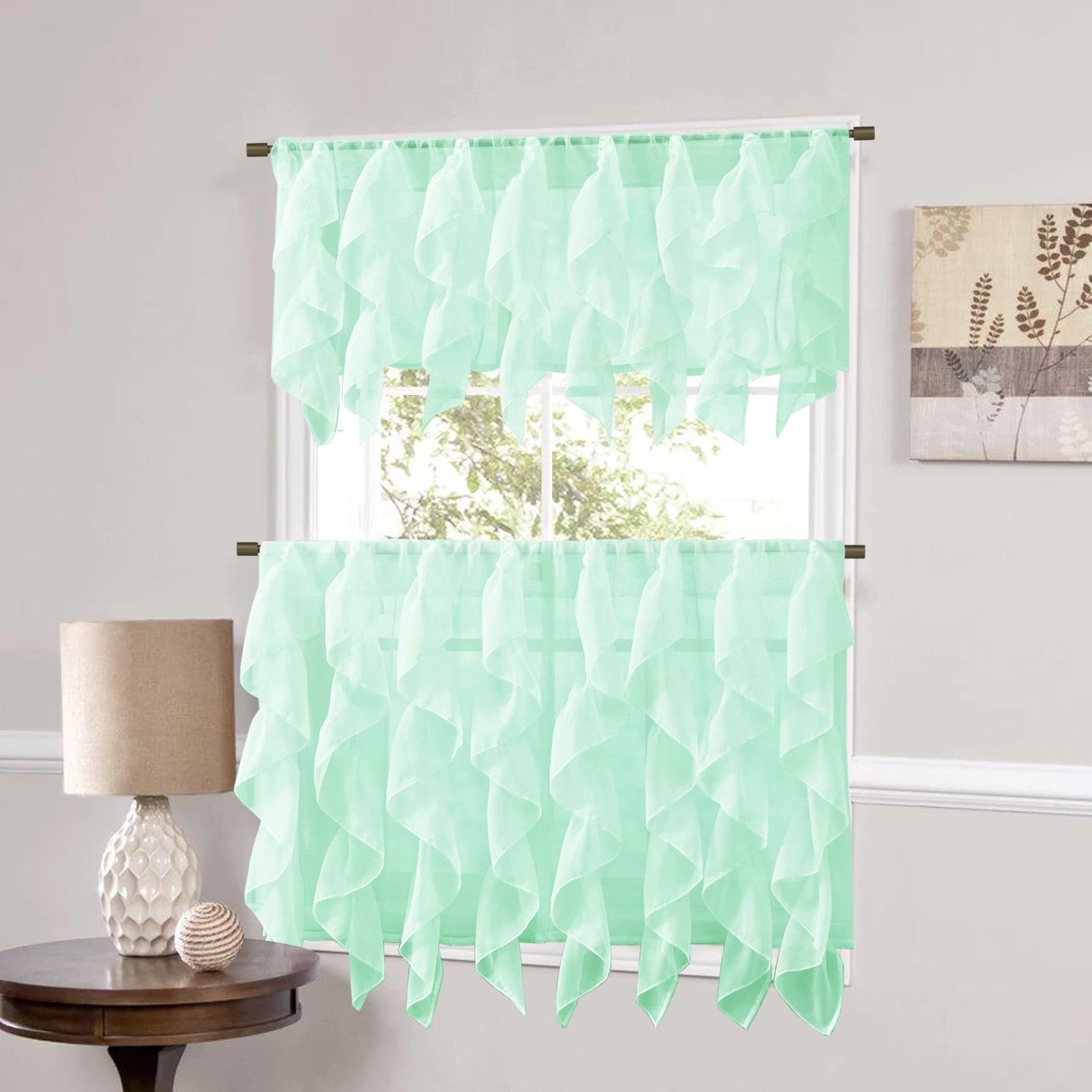 Sweet Home Collection Mint Vertical Ruffled Waterfall Valance And Curtain  Tiers Pertaining To Recent Maize Vertical Ruffled Waterfall Valance And Curtain Tiers (View 1 of 20)