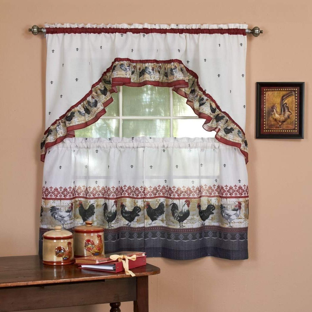 Traditional Tailored Tier And Swag Window Curtains Sets With Ornate Flower Garden Print Regarding Most Recent Amazon: 3 Piece Burgundy Grey Ornate Rooster Kitchen (View 3 of 20)