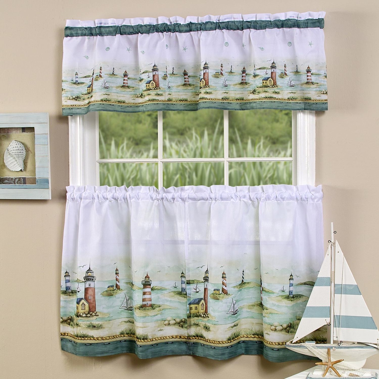 Traditional Two Piece Tailored Tier And Valance Window Curtains Set With  Detailed Lighthouse Print – 36 Inch In Trendy Lemon Drop Tier And Valance Window Curtain Sets (View 15 of 20)