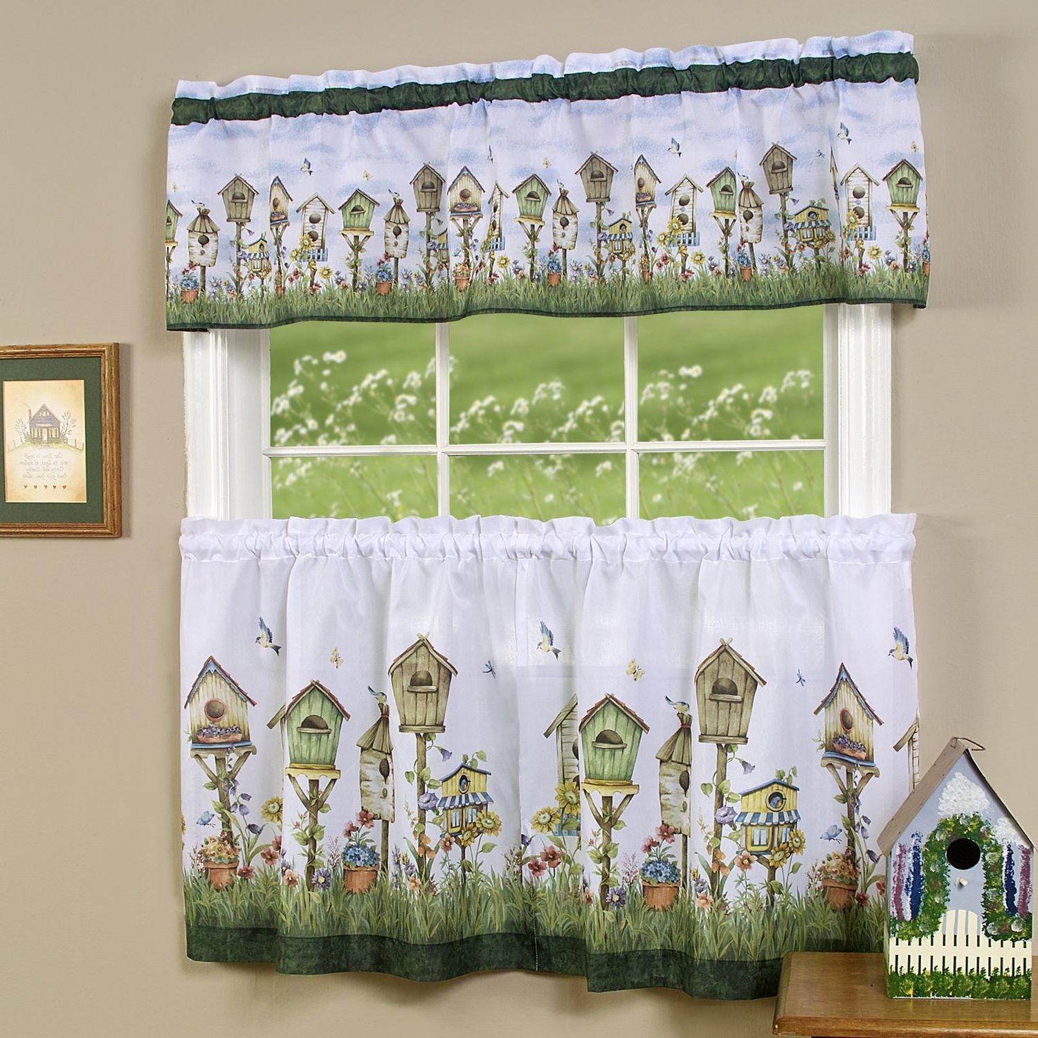 Traditional Two Piece Tailored Tier And Valance Window Curtains Set With  Whimsical Birdhouse Print – 36 Inch For Current Traditional Tailored Tier And Swag Window Curtains Sets With Ornate Flower Garden Print (View 5 of 20)