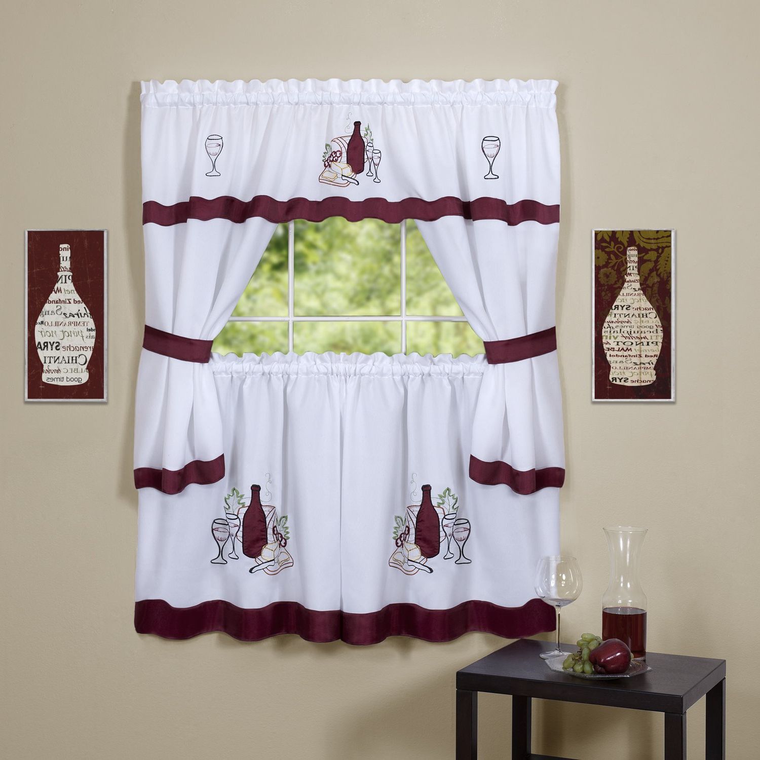Trendy 5 Piece Burgundy Embroidered Cabernet Kitchen Curtain Sets Regarding Achim Home Furnishings Cabernet Embellished Cottage Set With Tier Pair, 58 24", Burgundy (View 3 of 20)