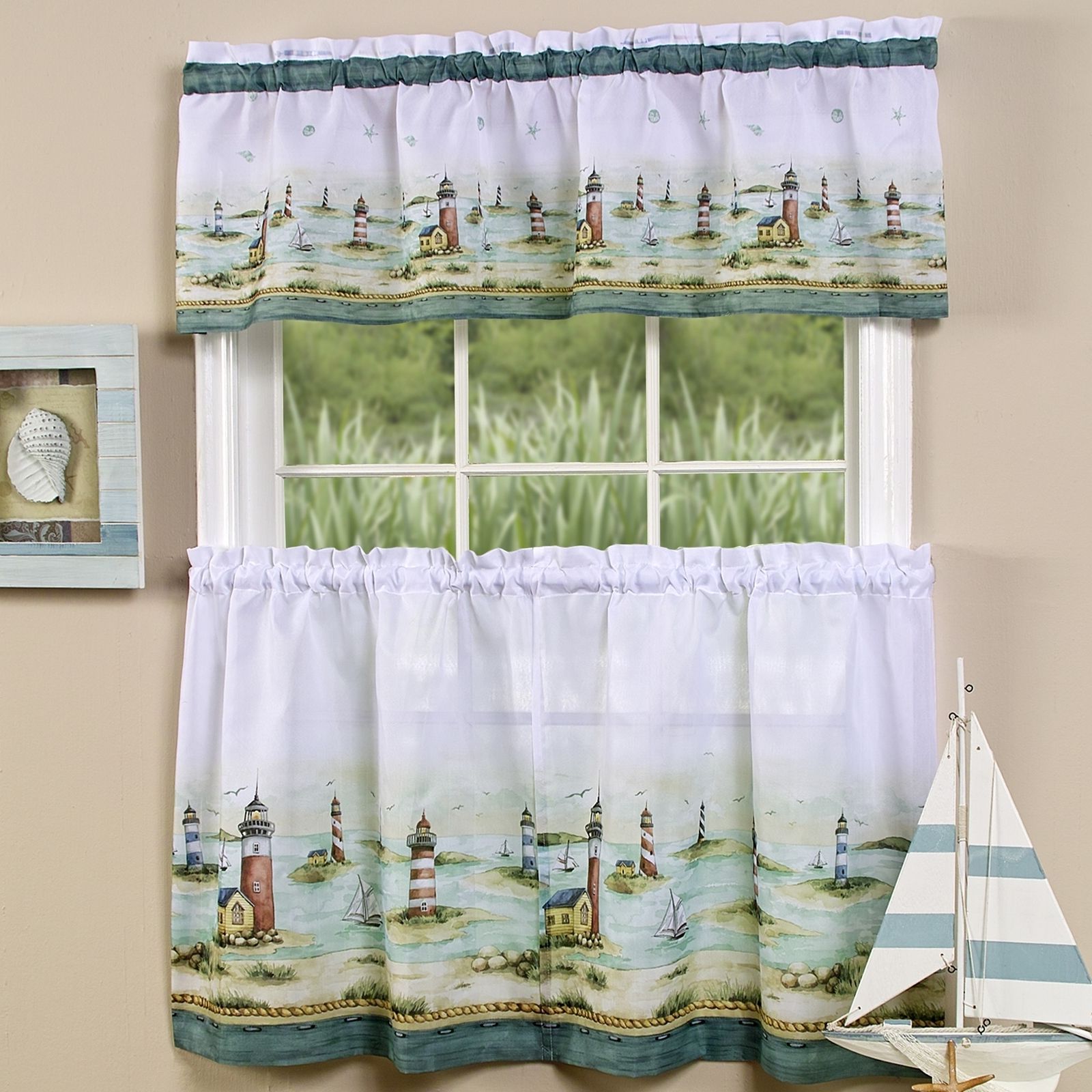 Trendy Lighthouse Window Curtain Set Valance + 24" Tiers Coastal In Coastal Tier And Valance Window Curtain Sets (View 3 of 20)
