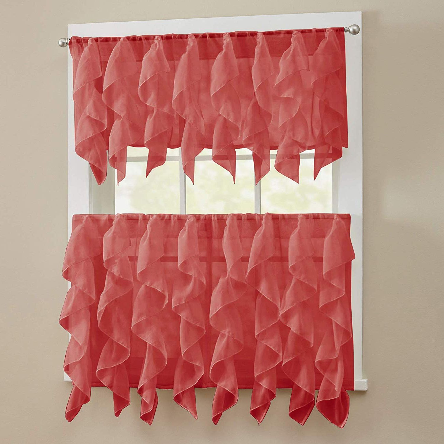 Vertical Ruffled Waterfall Valances And Curtain Tiers Pertaining To Recent Sweet Home Collection 3 Piece Kitchen Curtain Set Sheet Vertical Cascading  Waterfall Ruffle Includes Valance & Choice Of 24" Or 36" Teir Pair, Tier, (View 12 of 20)