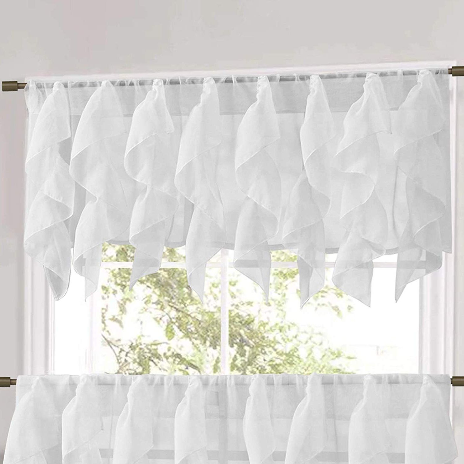 Vertical Ruffled Waterfall Valances And Curtain Tiers Within Most Recently Released Sweet Home Collection Veritcal Kitchen Curtain Sheer Cascading Ruffle  Waterfall Window Treatment Choice Of Valance, 24" Or 36" Teir, And Kit,  White (View 15 of 20)