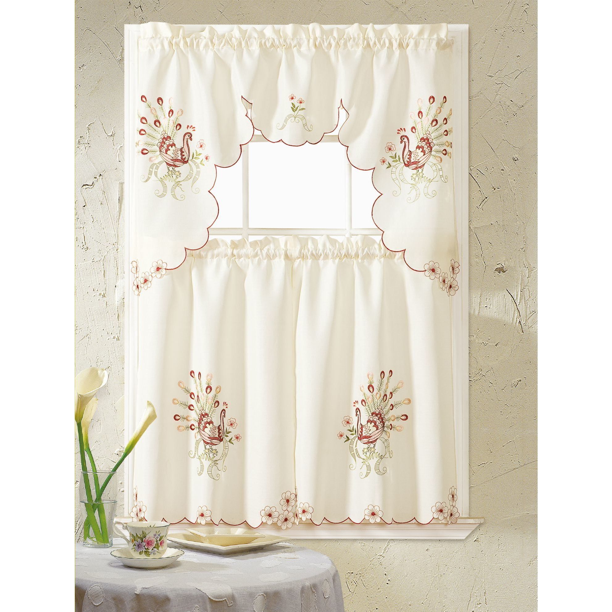 Well Known Rt Designers Collection Peacock Embroidered Tiers And Valance Kitchen  Curtain Set In Embroidered Ladybugs Window Curtain Pieces (View 12 of 20)