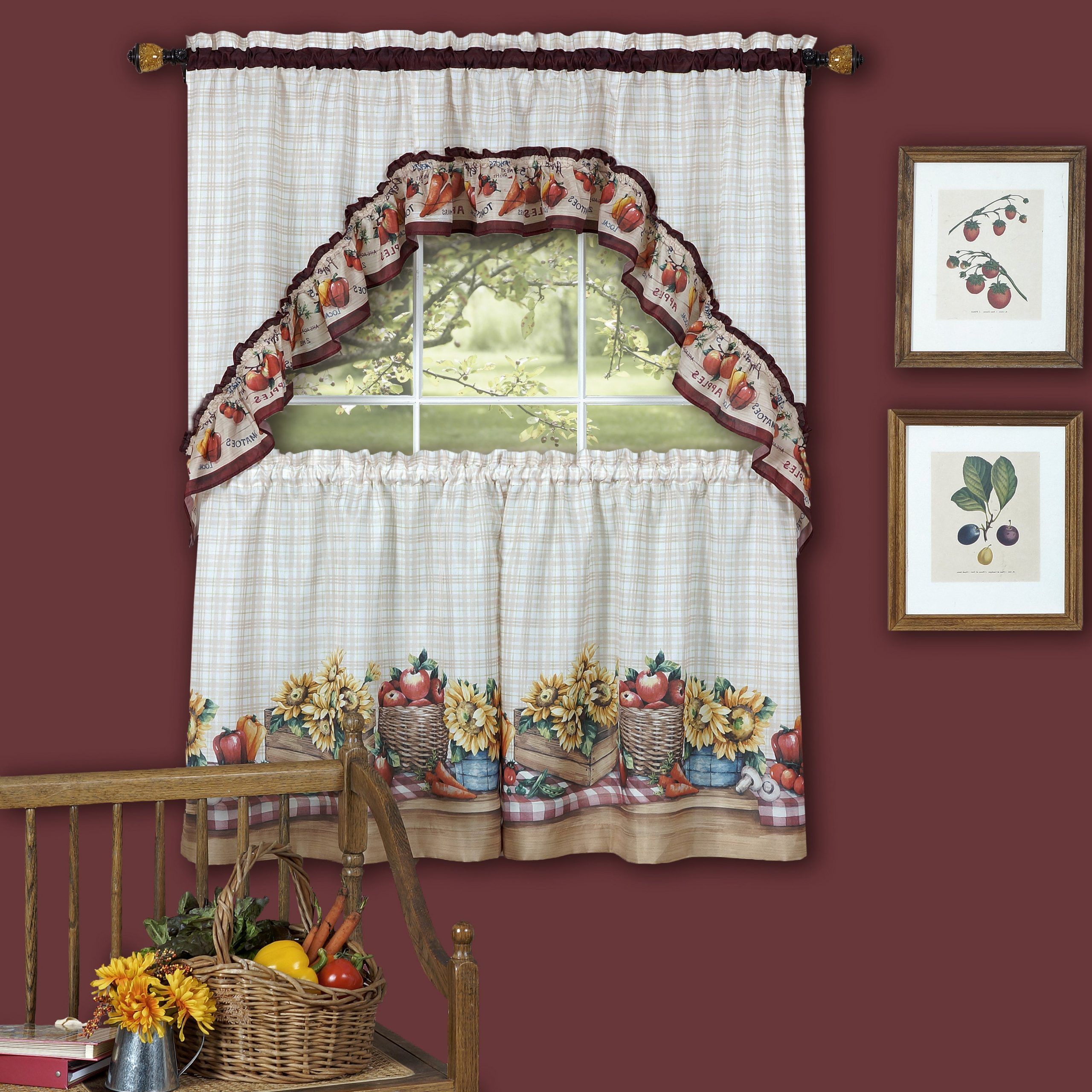 Window Curtains Sets With Colorful Marketplace Vegetable And Sunflower Print Within Most Current Traditional Two Piece Tailored Tier And Swag Window Curtains Set With  Colorful Marketplace Vegetable And Sunflower Print (View 1 of 20)