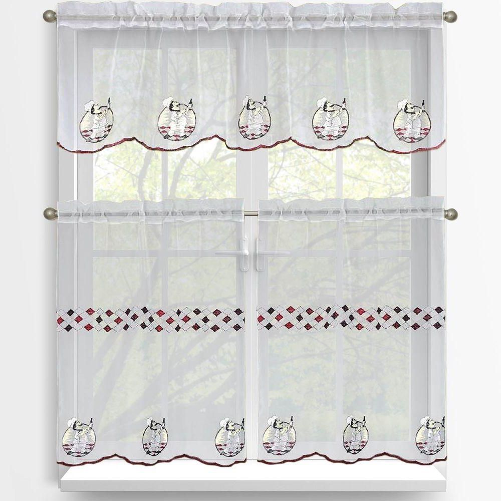Window Elements Sheer Happy Chef Embroidered 3 Piece Kitchen Curtain Tier  And Valance Set Throughout Well Known Embroidered Chef Black 5 Piece Kitchen Curtain Sets (View 14 of 20)