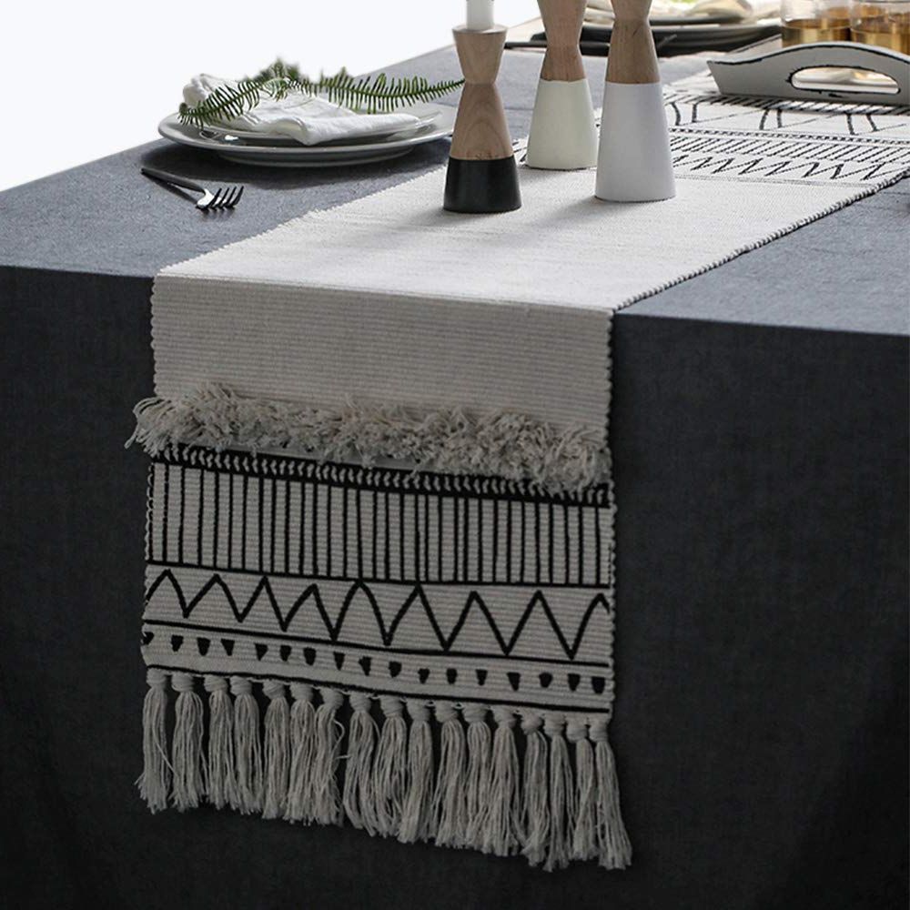Best And Newest Blended Fabric Fringed Design Woven With Rod Intended For Kimode Moroccan Fringe Table Runner, Geometric Handmade Woven Tufted Cotton  Canvas Fabric Decorative Table Runners Minimalist Home Decor,black And (View 16 of 20)