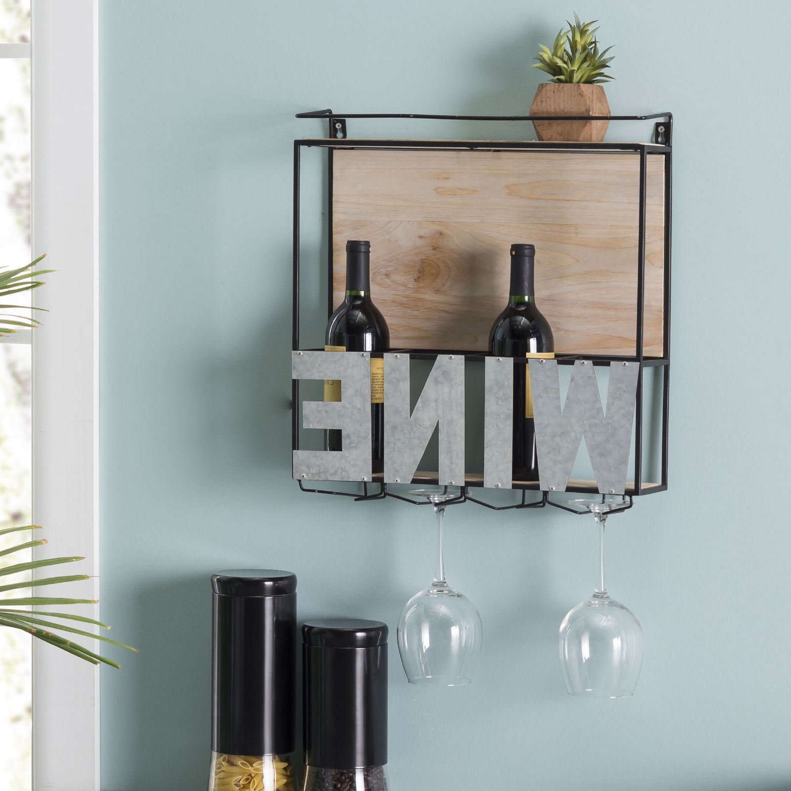 Includes Decorative Wood Accents And Top Shelf Bicycle Wall With Trendy Three Glass Holder Wall Décor (View 9 of 20)