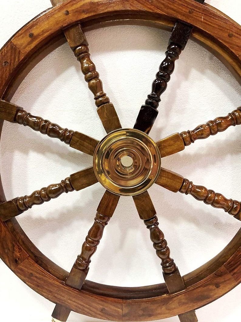 Most Recent Brown/brass Wood Ship Wheel Wall Décor For 36" Nautical Marine Wooden Steering Ship Wheel Brass Handle Pirate Captain  Ship Wall Decor (View 18 of 20)