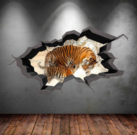 3d Tiger Wall Decal Wild Animals Cracked Full Colour Wall Pertaining To Famous Tiger Wall Art (View 19 of 20)