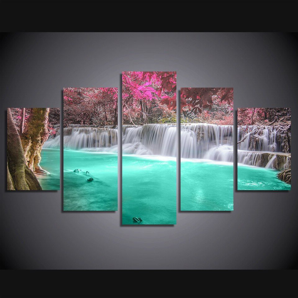 5 Pcs/set Framed Hd Printed Waterfall Forest Landscape In Most Current Landscape Framed Art Prints (View 4 of 20)