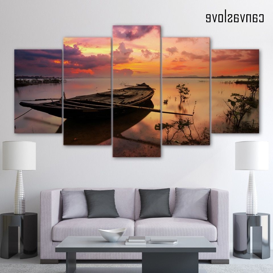 5 Piece Canvas Art Sunset Boat Silence Lake Canvas Pertaining To Newest Sunset Wall Art (View 10 of 20)