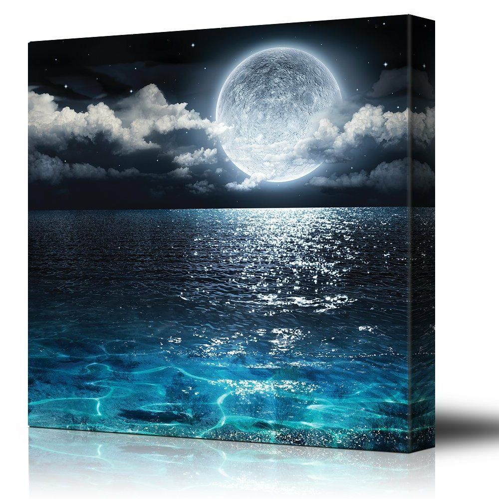 Big Moon Illuminating The Clear Ocean Blue – Canvas Art Regarding Most Up To Date Lunar Wall Art (View 16 of 20)