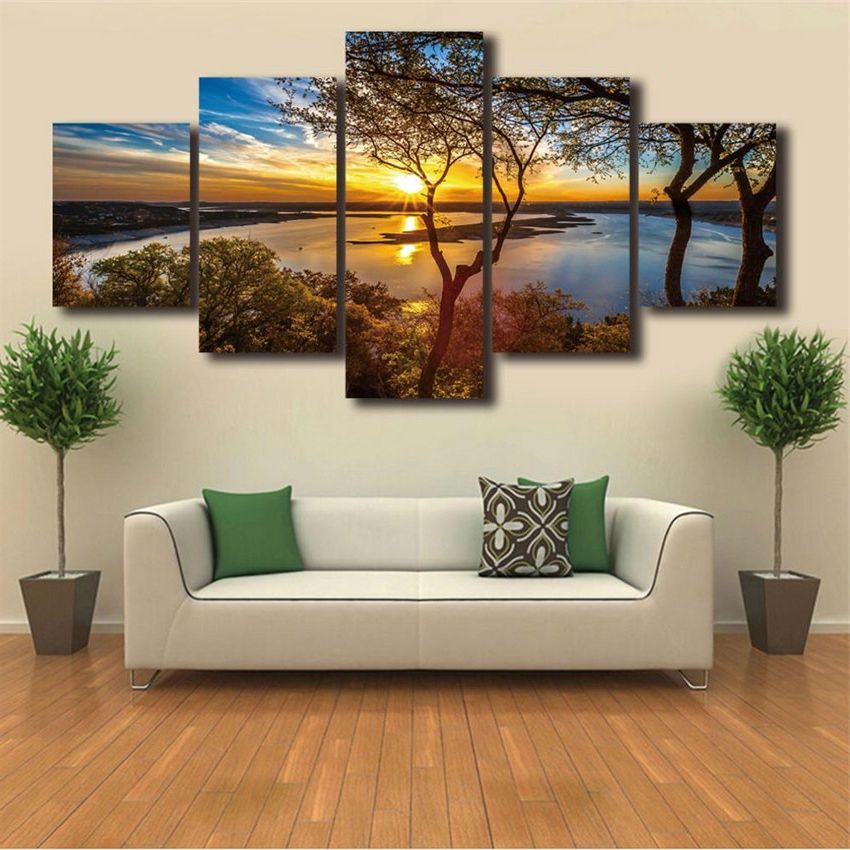 Canvas Wall Art Trees Sunset Lake Poster Art Canvas Prints In Most Popular Sunset Wall Art (View 1 of 20)