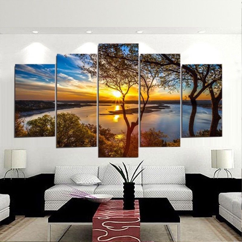Current Haochu 5pcs Picture Sunrise Lake Landscape Tree Group Intended For Landscape Wall Art (View 7 of 20)
