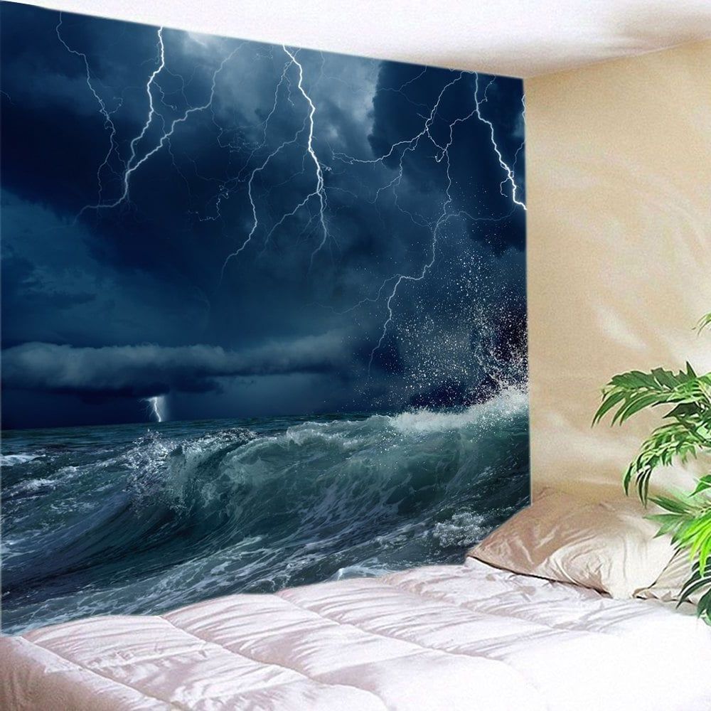 Current Lightning Ocean Wave Print Tapestry Wall Hanging Art In Wave Wall Art (View 1 of 20)