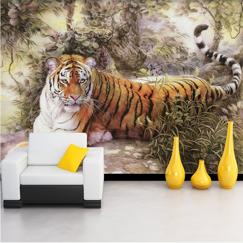 Custom Wall Paper Stickers Painted Tiger Photo Wallpaper Regarding Fashionable Tiger Wall Art (View 14 of 20)